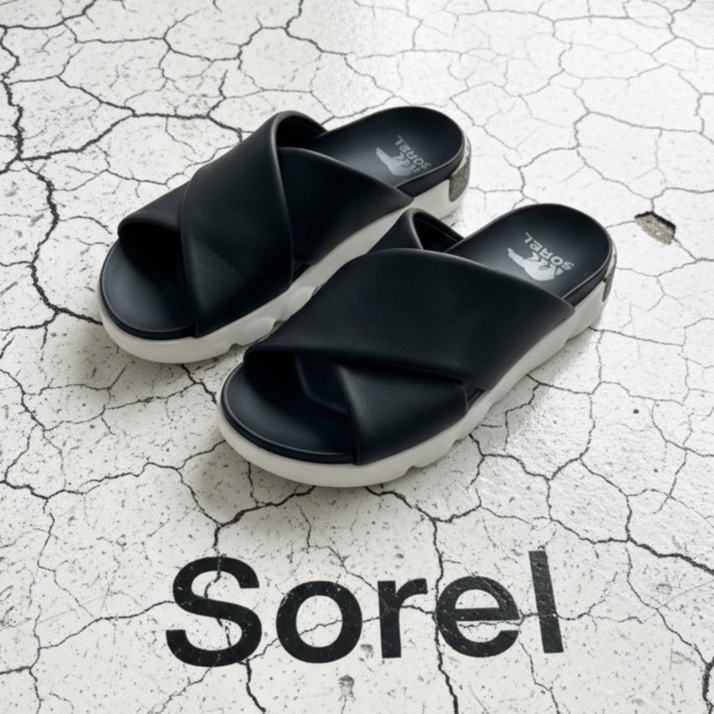 Sorel Kinetic Impact II Sling Slide Black Leather Platform Sandals LL6075-010 9
